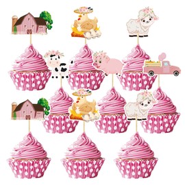 24Pcs Pink Floral Farm Animal Cupcake Toppers Cute Girl Farm Animal Birthday Cupcake Toppers Picks Party Decorations for Kids Farm Birthday Baby Shower Party Supplies
