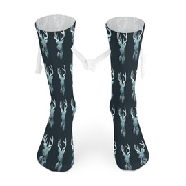 1 Pair Soft Socks White Holding Hands, Compression Knee High Stockings Long Athletic Circulation 16x3.9 in Print Reindeer Deer Head on Landscape with Trees and Mountains on Dark