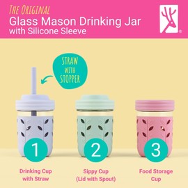 Elk and Friends Elk and Friends Kids & Toddler Cups | The Original Glass Mason jars 8 oz with Silicone Sleeves & Silicone Straws with Stoppers | Smoothie Cups | Spill Proof Sippy Cups for Toddlers