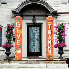 HOMETITUTE 2pcs Give Thanks Welcome Porch Banner Sign Set 12x71 Inch Autumn Banner Thanksgiving Decorations Pumpkin Fall Door Banners for Thanksgiving Autumn Home Porch Outdoor Decor Supplies
