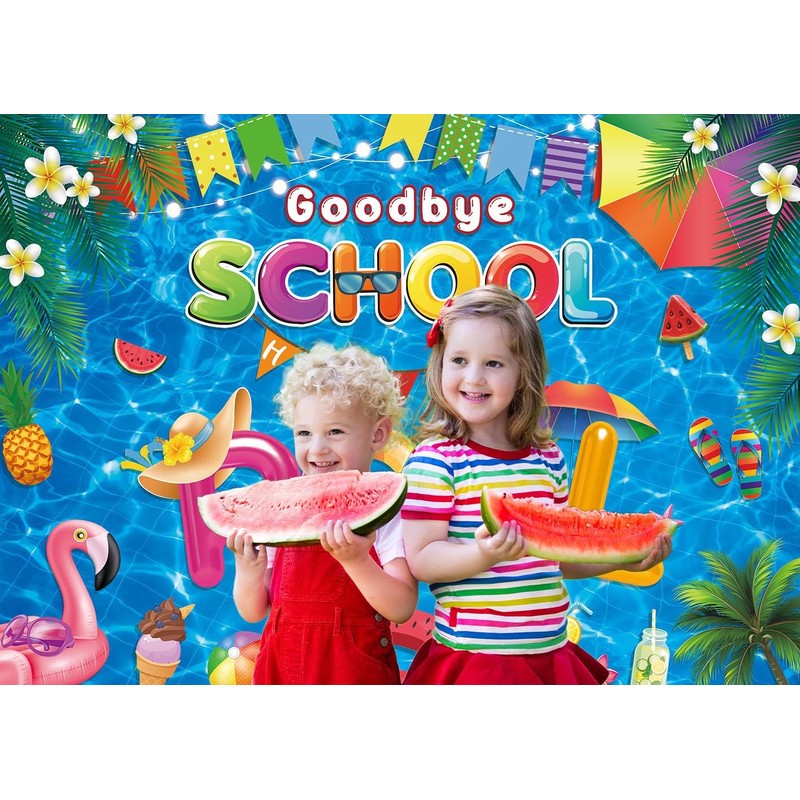 PGSWEER Goodbye School Hello Pool Backdrop 7x5FT End of School