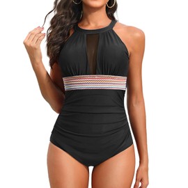 Tempt Me Traje de baño de una pieza para mujer, control de abdomen, ribete de bloques de color, negro, talla M