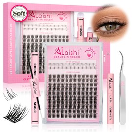 AILAISHI Lash Clusters Kit, DIY Cluster Eyelash Extensions 5‑18mm,144pcs Fluffy D Curl Natural Lashes with Bond and Seal,Remover, Tweezers–Natural Fake Cat Eye Individual Manga Clusters 1-1-L
