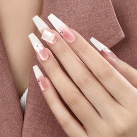 AFGHOUZ Artificial Press on Nails Square Long, Glue on Nails for Women, Pink Gradient, Hand-painted Flowers and Diamond Designs, Full Cover, 10 Sizes Reusable, Suitable for Many Occasions