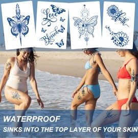 6 Sheets Semi Permanent Temporary Tattoos – Plant-Based Ink Fake Tattoos with Butterfly, Flower, Snake, Number & Letter Designs – Long-Lasting Waterproof Tattoos for Women & Men, Vegan & Skin-Safe