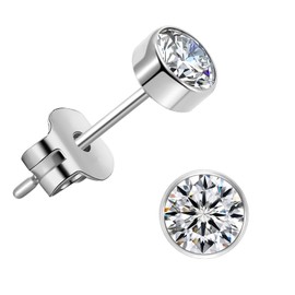 Medical Grade Pure Titanium Earrings, Second First Earrings, Men's, Women's, Bezel Set, 0.13, 0.2, 0.2 inches (3/4/5 mm), Top Grade AAAAA Zirconia, CZ Shaft Thickness: 0.03 inches (0.8 mm), 0.7 oz (20