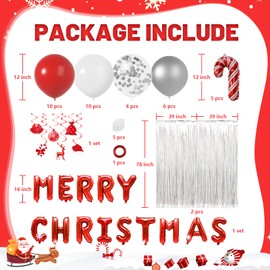 Christmas Party Decorations Kit - Xmas Holiday Party Decor Supplies with Merry Christmas Banner/ Christmas Balloons/ Christmas Hanging Swirls Streamers/ Fringe Curtains & Cane Foil Balloons