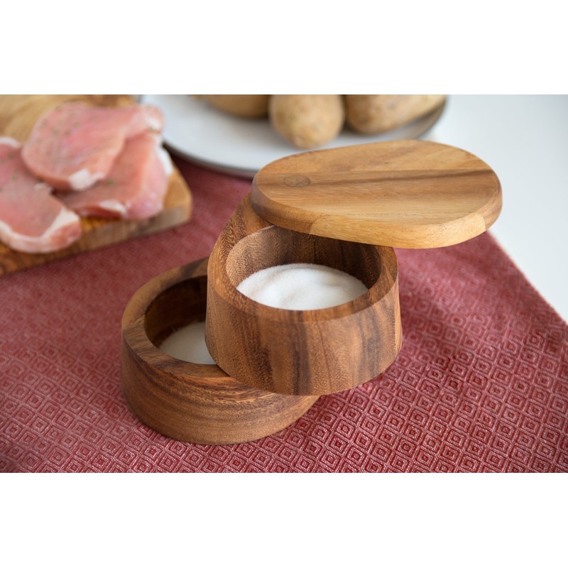 Ironwood Gourmet Double Layer Swivel Salt Cellar Box, Acacia Wood