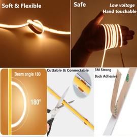 Cinlitek COB LED Strip Lights, 16.4ft Ultra High Density 12V Tape Light, 480LED/m, CRI 90+, 8mm Width Cuttable Flexible Dimmable LED Lighting for Home Indoor Decor&Commercial Use (No Power Supply)