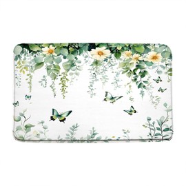 Green Leaves Bath Mat Eucalyptus Botanical Leaf Floral Butterfly Wildflower Modern Watercolor Rustic Flower Plant Spring Bathroom Floor Bathtub Bath Rug