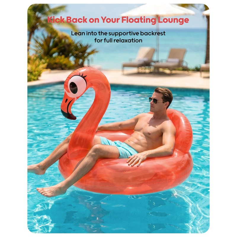 QPAU 43" Flamingo Pool Float, Neon Coral Inflatable Pool Float