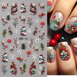 2 Sheets 5D Christmas Embossed Nail Art Stickers Snowflakes Nail Decals Cute Snow Trees Bells Winter Design Self-Adhesive Pegatinas Uñas Xmas Nail Stickers Santa Claus Nail Decals for Women Manicure