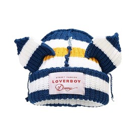 Striped Cat Ear Hat Cute Beanie Hat Knit Cap Warm Skull Cap Crochet Hat for Men and Women (Blue White)