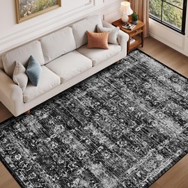 ARKIIKI 8x10 Washable Area Rugs for Living Room, Neutral Boho Rugs for Bedroom, Vintage Large Soft Faux Wool Carpet for Nursery, Playroom, Office, Dinning Room, Non Slip, Low Pile, Black, Dark Grey