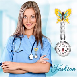 JewelryWe Unisex Nurse Pocket Watch: Simulated Quartz Easy Read Analog Butterfly Decorated Doctor Medical Watch with Brooch Pin