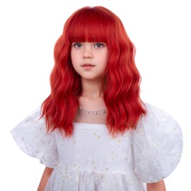 Girls Dark Red Wig Kids Short Red Wig with Air Bangs Child Wavy Curly Wigs Heat Resistant Synthetic Wigs with Cap