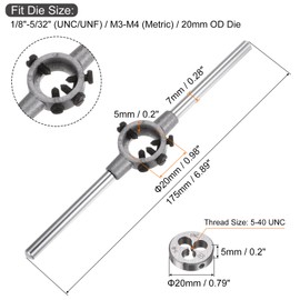 QUARKZMAN Die Stock Handle Wrench Set, 5-40 UNC Round Cutting Dies and 20 mm Die Holder (Suitable for 1/8-5/32 Inch (UNC/UNF) / Metric M3-M4 / 20 mm Outer Diameter Die