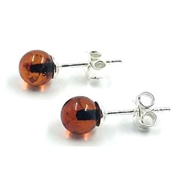 Natural Baltic Amber earrings Amber Sterling Silver Small Ball Stud Earrings (Cognac)
