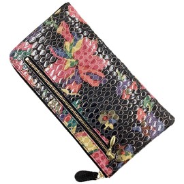 [HARUBE] Kyoto Naniwaya Thin L-Shaped Zipper, Large Capacity, Long Wallet, Loose Passbook, Pig Leather, Suede, Yuzen Dye, Women's, Paisley Impressionism #86-188 "Pig Enamel", D1 (Black)