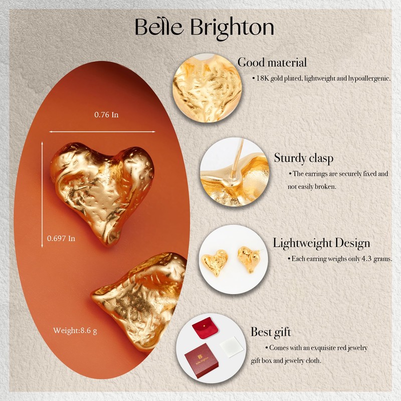 18K Gold Plated Heart Stud Earrings for Women, Chunky Heart