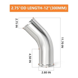 GASHER GASHER 1PCS 45 Degree Elbow Aluminum Alloy Tube 2.75"OD, Leg Length 12" (300mm) With Bead Roll, Intercooler Pipe For intake and cooling systems