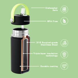 Botella de agua para niños con tapa de popote, 14 onzas, aislamiento al aspiradora, botellas de agua de acero inoxidable 316 para niños, para la escuela, botella de agua a prueba de fugas, última