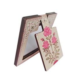 Rastogi Handicrafts Women's Decorative Printed Pocket Vanity,Mini Mirror for Purse,Makeup,Portable,Artistic,Glass Travel and Present Wooden Finish (Flower_Art_Mirror)