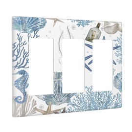 Teikkiop Nautical Ocean Coral Starfish Seahorse Light Switch Cover Decorative 3 Gang Triple Rocker Coastal Beach Seashell Outlet Wall Plate Electrical Faceplate Switchplate For Home Bathroom