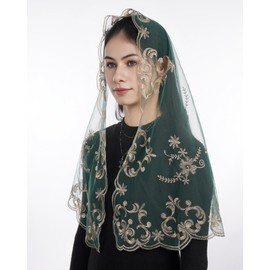 Bozidol Catholic Veils for Women Mass, Green Gold D Shape Virgin Mary Embroidered Church Mantilla Chapel Veil, Elegant Prayer Lace Shawl Head Coverings with Clip