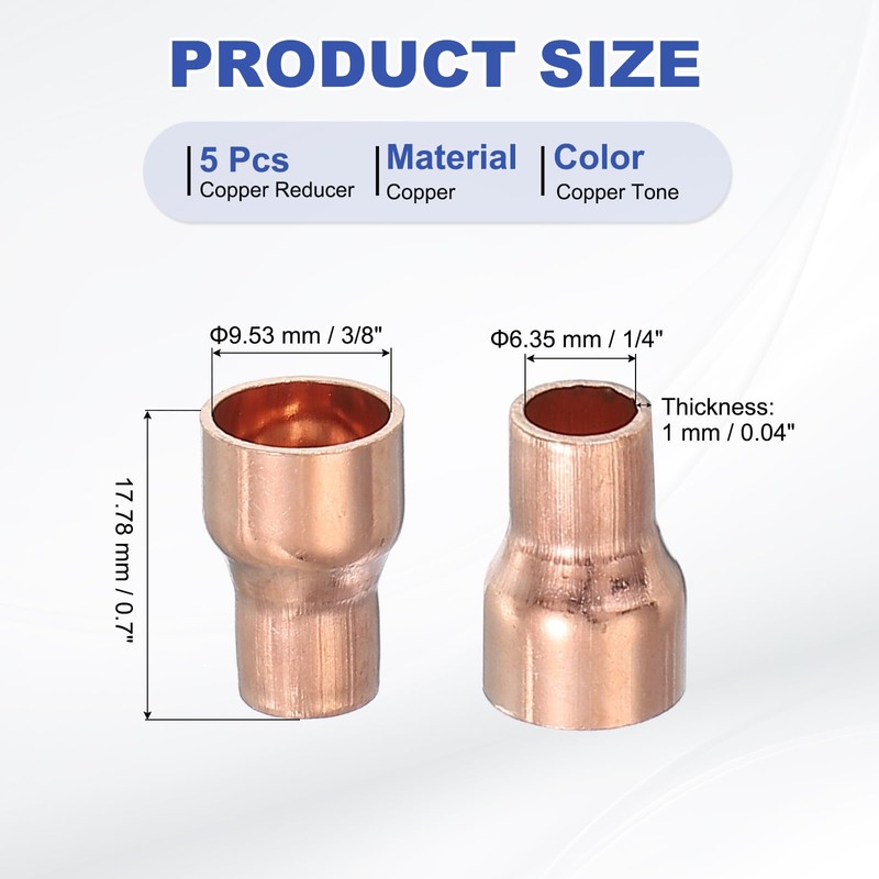 PATIKIL 5Pcs Copper Reducer 3/8" x1/4" ID Reducing Copper Coupling