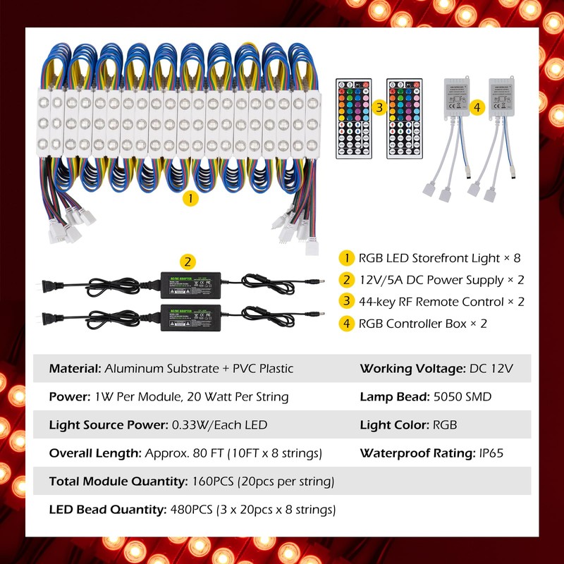 Dyna-Living LED Storefront Lights 80FT Commercial RGB Window Lights for