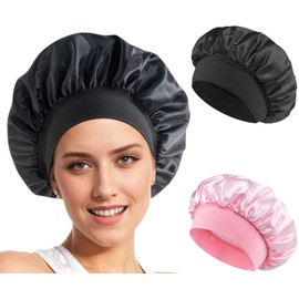 Loomify Sleep Cap, Silk, Satin Hair Cap, Adjustable Silk Hood for Sleeping, Night Sleep Cap, Satin Bonnets for Women and Girls, Pack of 2, Black, rose red