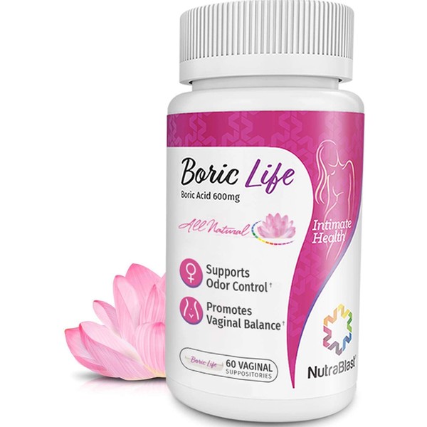 NutraBlast Boric Acid Vaginal Suppositories - 100% Pure Made in USA - Boric Life Intimate Health Support (60 Count)