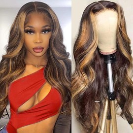 Real Hair Wig, 13 x 4 Body Wave Lace Frontal Wig, Human Hair (18 Inches), Women's Brazilian Curly Human Hair Wig, 150% Density, Glueless Wig, Highlight Blonde #4/27 Colour