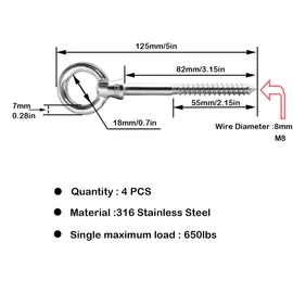 Abimars Eye Bolts by Load Capacity 650lbs, 4PCS M8 316 Stainless Steel Eye Hooks Screw in Heavy Duty for Hanging Hammocks, Swing Chairs, Heavy-Duty Suspension