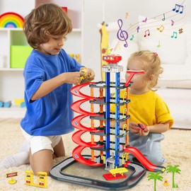 COVTOY Parking Garage Toy Playset - Race Car Track with Sounds and Lights, Includes Cars and Helicopter - Boys' Birthday Gifts, Ages 3-5