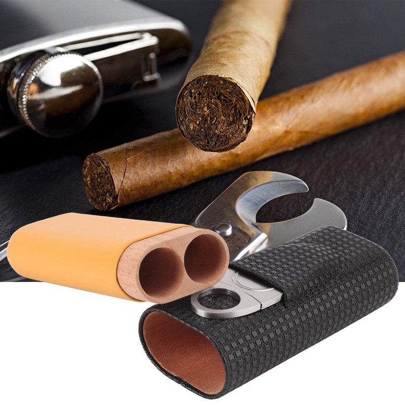 CYSFETENA 2 Finger Cigar Case with Cutter, Black Leather Cigar