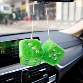 YGMONER Green Fuzzy Dice for Car Rear View Mirror, Pair of 2.75" Plush Dice Retro Hanging Ornaments Car Interior Rearview Mirror Decor Accessories (Green)