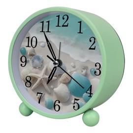 Beach Starfish and Shells Silent Analog Alarm Clock, 4.3 Inches Cute Analog Round Digital Clock Battery Operated, Non-Ticking Desktop Alarm Clock with Night Light for Adult, Kid(Green)