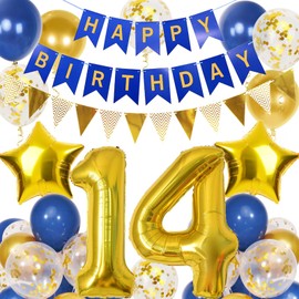 14th Birthday Decorations Boys, Navy Blue Gold Balloons and Happy Birthday Banner, 40 Inch Number 14 Foil Birthday Balloons with Birthday Bunting, for Boys Girls Birthday Decoration