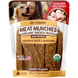 Petsmont Meat Munchies - Organic Chicken Jerky Dog Treats Limited Ingredient All Natural, Preservative Free, No Filler Chicken Treat for Dogs High Protein 2 Ingredient Dog Snacks Made in the USA - 5oz