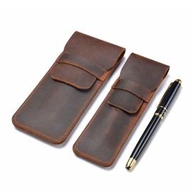 Leather Pen Case Pencil Pouch Holder Ballpoint Rollerball Pens and Pencils with Tuck in Flap,Coffee (L)