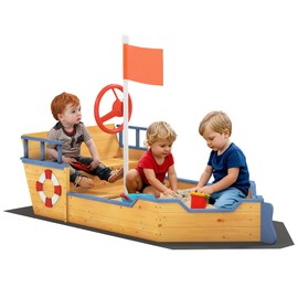 Outsunny Wooden Kids Sandbox, Pirate Ship Outdoor Sandboat with Bench Seats, Storage, Non-Woven Fabric Cloth for Backyard, Lawn, Natural Wood