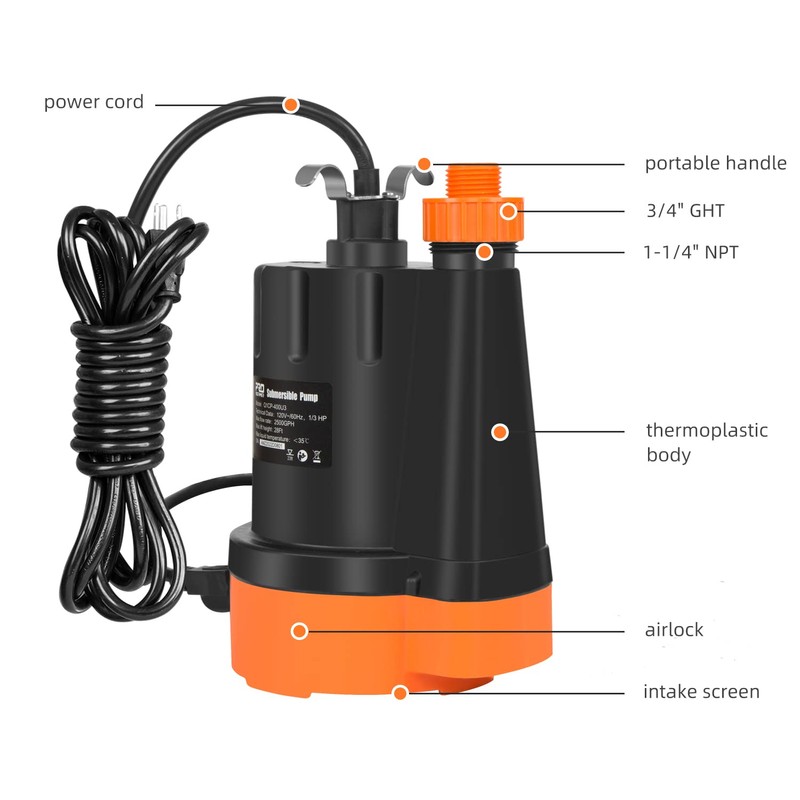 Submersible Water Pump, 1/3HP 2500GPH Utility Pump Portable Electric Clean