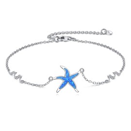 KQF Starfish Wave Anklet for Women 925 Sterling Silver Blue Opal Adjustable Ankle Bracelets Ocean Beach Jewelry
