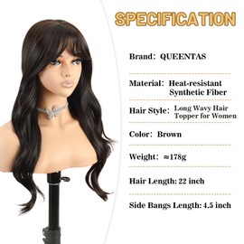 QUEENTAS 22" Curly Hair Topper for Women with Thinning Hair Daily Wear 360°3D Cover Up 6.5"*6" Fluffy Brown Wavy Hair Pieces with Bangs(Dark Brown)