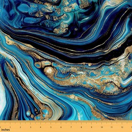 Erosebridal Marble Pattern Fabric by The Yard, Ink Fluid Marbling DIY Upholstery Fabric, Stone Gradient Indoor Outdoor Fabric, Abstract Art Kids Teens Waterproof Decorative Fabric, Blue Gold, 1 Yard