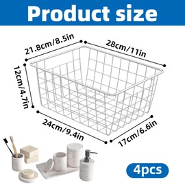 4 Pack White Wire Storage Baskets, Metal Wire Basket for Pantry Organizer Storage, for Freezer Kitchen Pantry Closets Bathroom-28 x 22 x 12cm