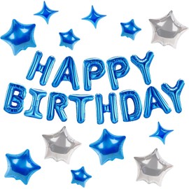 Lumjoy Happy Birthday Banner Set 13pcs 16 Inch Blue Foil Letter Balloons with 12 Star Balloons for Kids & Adults Party Decorations