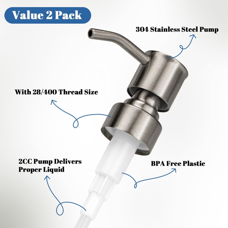 2 Pack 304 Stainless Steel Soap Dispenser Pump Replacement Standard